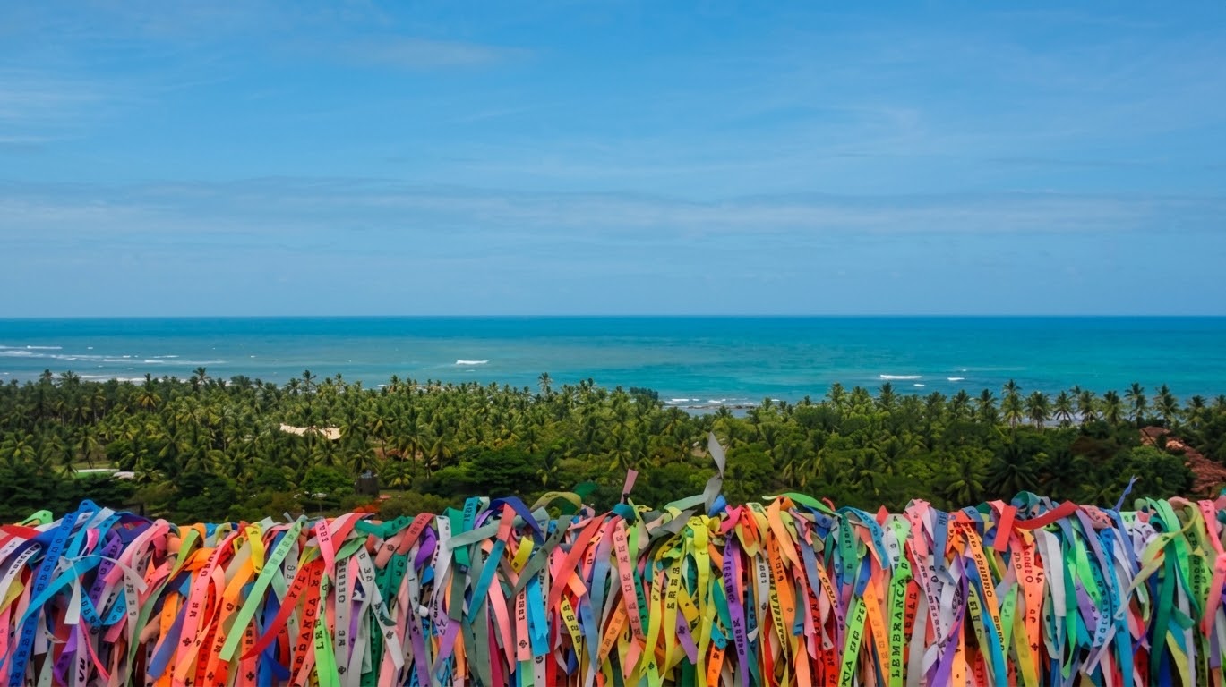 Fitinhas coloridas no mirante de Arraial d'Ajuda, com coqueiral e mar ao fundo